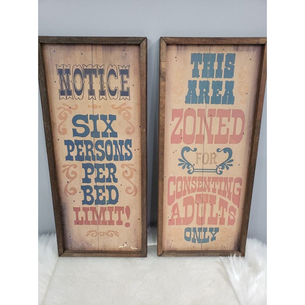 Vintage CONSENTING ADULTS SIX PER BED SIGNS lot swingers playboy 70s pin up love